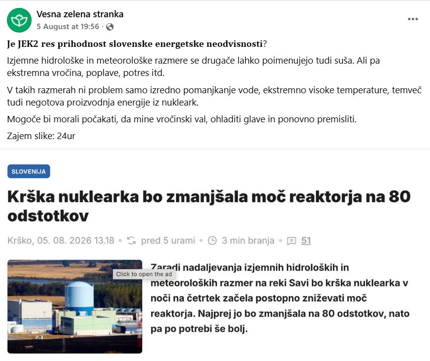 Centrifuzija's tweet photo. Takole @StrankaVesna zavaja in straši volivce.👇
Kaj je res?
JEK2 ima predviden hladilni stolp, zaradi katerega elektrarna ne bo odvisna od temperature ali pretoka Save.
Dogajanje s Savo in NEK je argument ZA, ne proti #JEK2.
Vesna pa bi imela očitno raje plinske elektrarne. https://t.co/PTF6WC3KCR