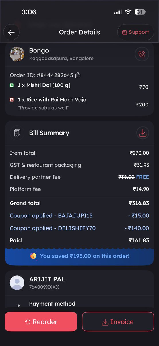 arijit__pal's tweet photo. @zomato @zomatocare My order was delivered with Mishti Doi missing, despite being charged for it. This is disappointing. Please look into this and issue the refund ASAP. Order ID: 8444282645. https://t.co/Av3joOZF68