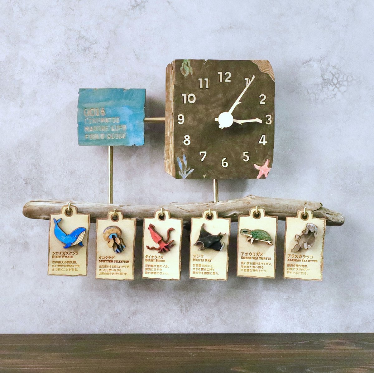 CinematicForest's tweet photo. 海の動物図鑑の木製掛け時計を作りました。
取り外しできる図鑑プレート付き。
シロナガスクジラ
タコクラゲ
ダイオウイカ
マンタ
アオウミガメ
アラスカラッコ
裏面には学名、生息域、大きさ、豆���識も刻印。
「壁に飾れるフィールドガイド」を目指した新シリーズです。
#木工 #掛け時計 #海の生き物 https://t.co/FhZdTsvLDG