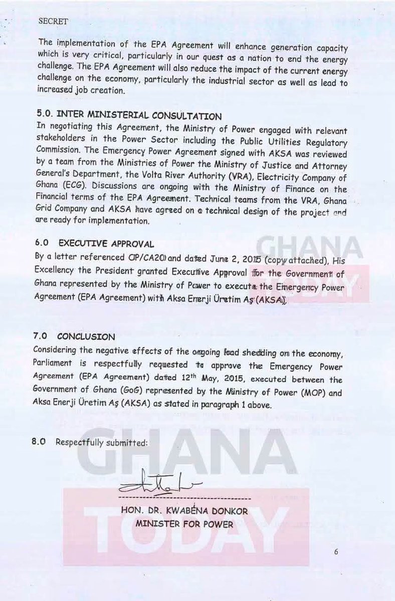 sonofjacob98's tweet photo. Below is the Executive approval for the power agreement under which Asante Berko was convicted.
The prosecutors stated emphatically that $46,000 in bribes was allegedly pushed through Ghana’s Parliament in 2015 to influence members of the then NDC Majority Caucus and get the deal approved.

Let that sink in.

These emergency power purchase agreements reportedly went on to cost Ghana about $1 billion every year from 2017, leaving the Akufo Addo administration with the difficult task of dealing with the burden.

Meanwhile some people claim the opposition has no moral right to speak on issues affecting this country.

If corruption, reckless contracts and the misuse of public resources are being discussed, no political party should be above scrutiny.

NB: I'm just reporting oooo.

— @NanaDarko__