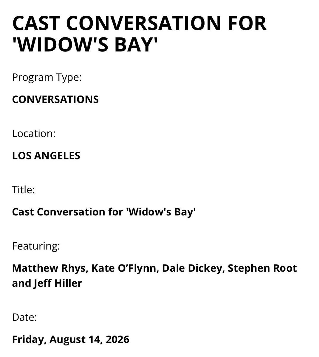 WidowsBayHQ's tweet photo. The widows bay cast will attend a SAG-Aftra event on the 14th of August in LA for a screening of 1x01 followed by a conversation with the cast. https://t.co/2zYmFvVYHo https://t.co/Hh4h95qv38