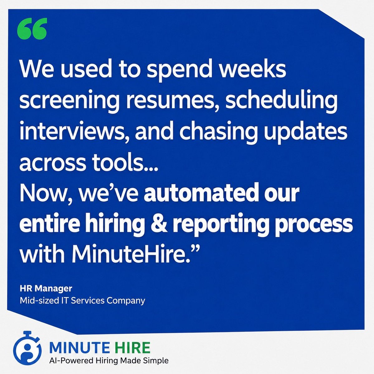 MinuteHire's tweet photo. From spending weeks chasing updates to fully automating hiring &amp; reporting! ⚡ See how MinuteHire is transforming recruitment for HR teams.
Say goodbye to manual work &amp; hire faster with AI! 🚀👇
#MinuteHire #HRTech #RecruitmentAutomation #AIHiring #TalentAcquisition #HRManager https://t.co/C08MTCBcu7