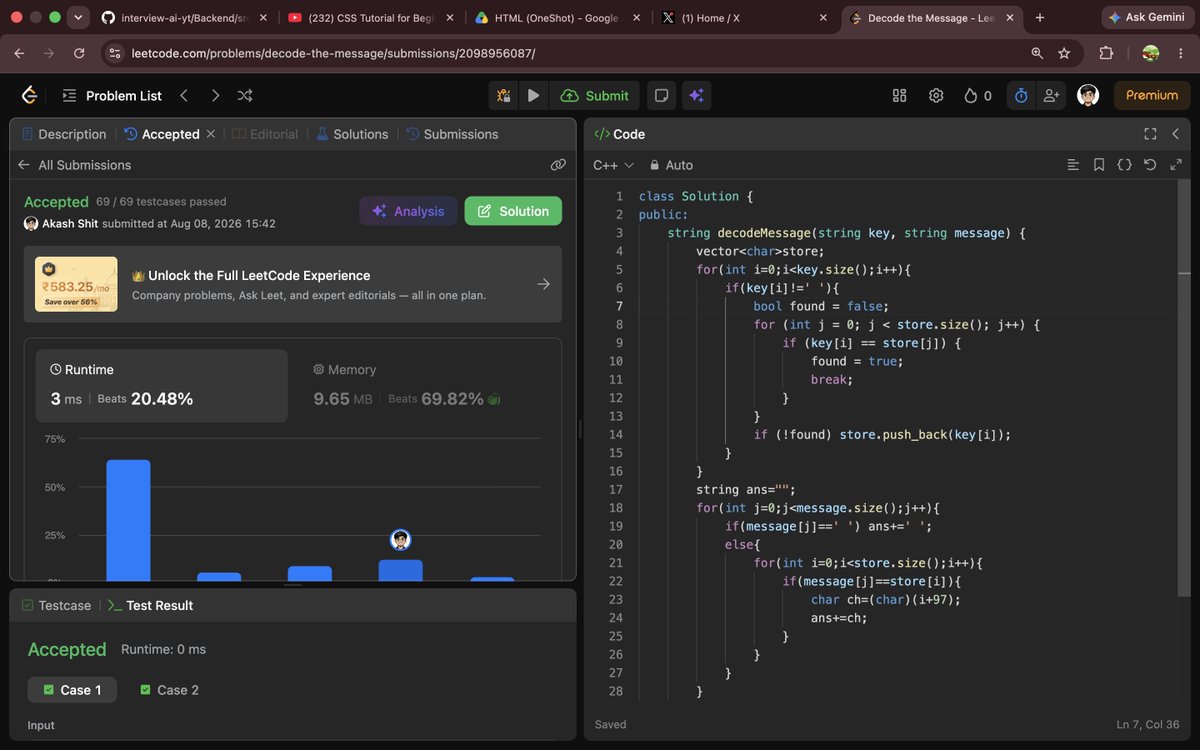 akash31_2004's tweet photo. 🔹DAY - 68 🚀

✅LC- 2325
✅GFG- solve 2 question
✅Web dev- start a new gen AI project ( Resume checker AI)

#CodingJourney #DSA #Programming #PlacementPrep https://t.co/D6LD1RBnyW