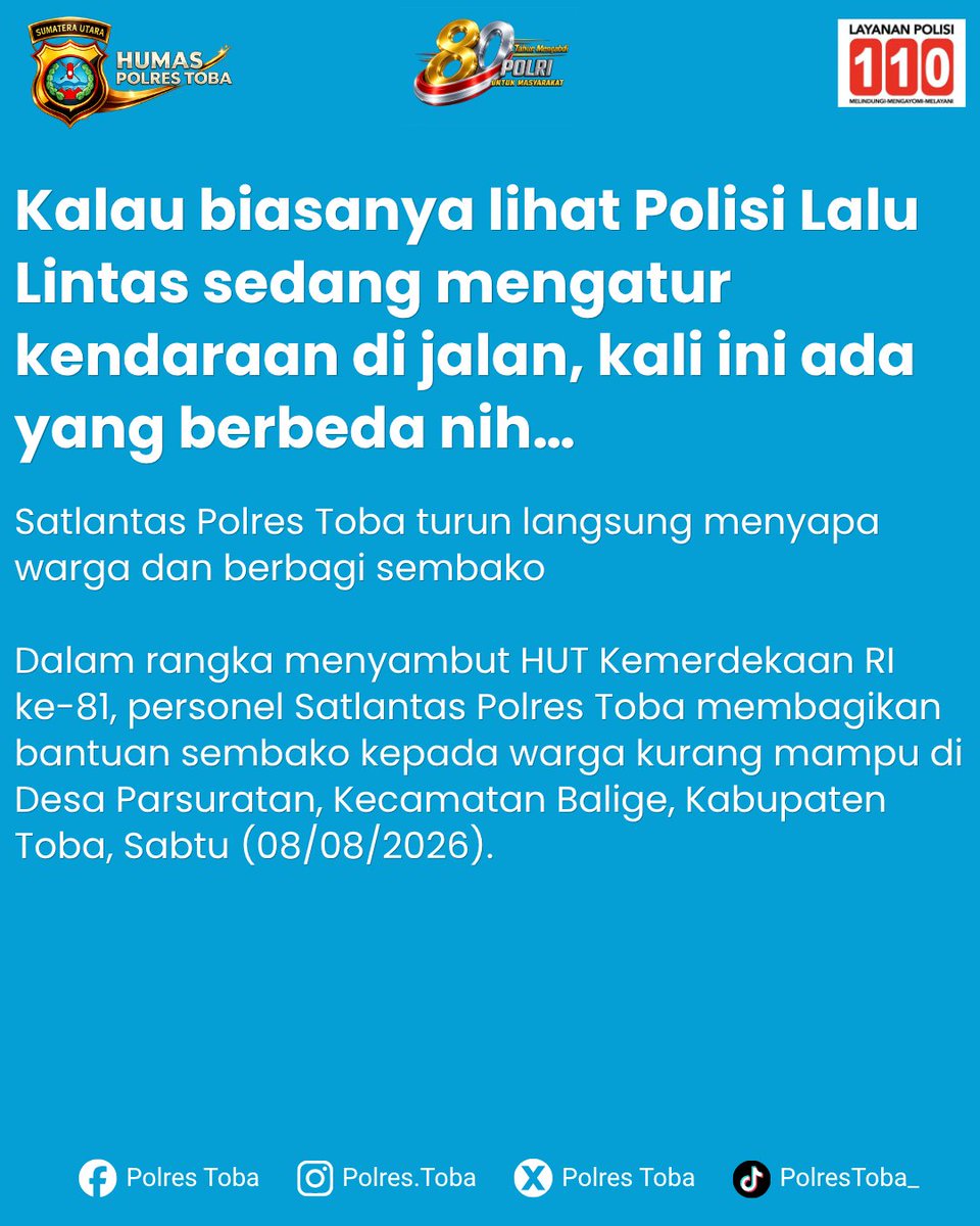 PolresToba's tweet photo. Kalau biasanya lihat Polisi Lalu Lintas sedang mengatur kendaraan di jalan, kali ini ada yang berbeda nih… 

Satlantas Polres Toba turun langsung menyapa warga dan berbagi sembako https://t.co/i5xBHf2jp6