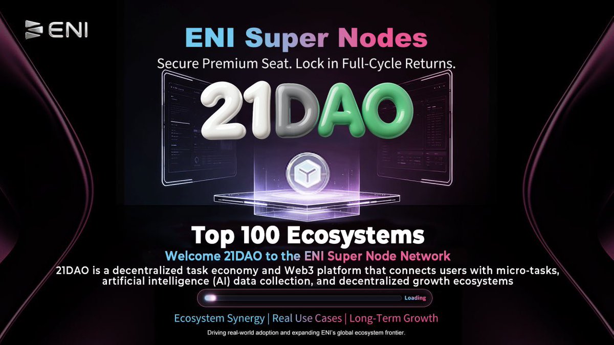 ENI__Official's tweet photo. 🚀 21DAO officially becomes an ENI Super Node!

We’re pleased to welcome @21DAO_global to the ENI Top 100 Ecosystems Program.

21DAO is a decentralized task economy platform powered by TaskVerse, transforming community participation and real-world actions into measurable on-chain value. 

Together, ENI and 21DAO will explore deeper synergy across ecosystem applications, community-driven growth, and long-term network development.

The ENI Super Node Network continues to expand. 🌐

Top-tier ecosystem forces are converging into ENI’s strongest consensus.

#ENI #21DAO #SuperNode #Web3 #Blockchain