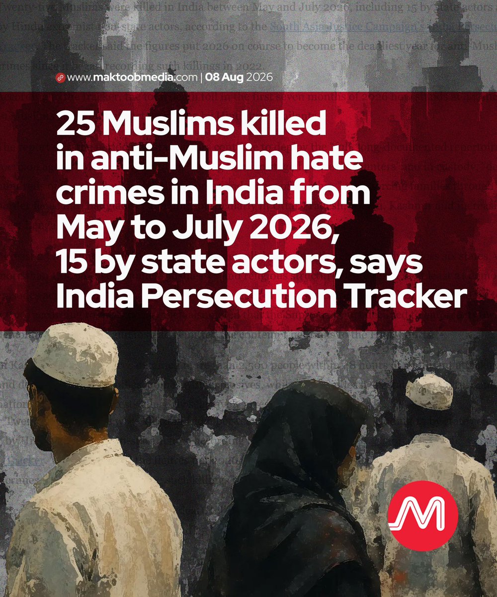 MaktoobMedia's tweet photo. South Asia Justice Campaign recorded 44 Muslims killed in India in the first seven months of 2026, including 19 by state actors and 25 by Hindutva assailants in anti-Muslim hate crimes.

https://t.co/QGo56QKgsv https://t.co/RnHSl3w5FE