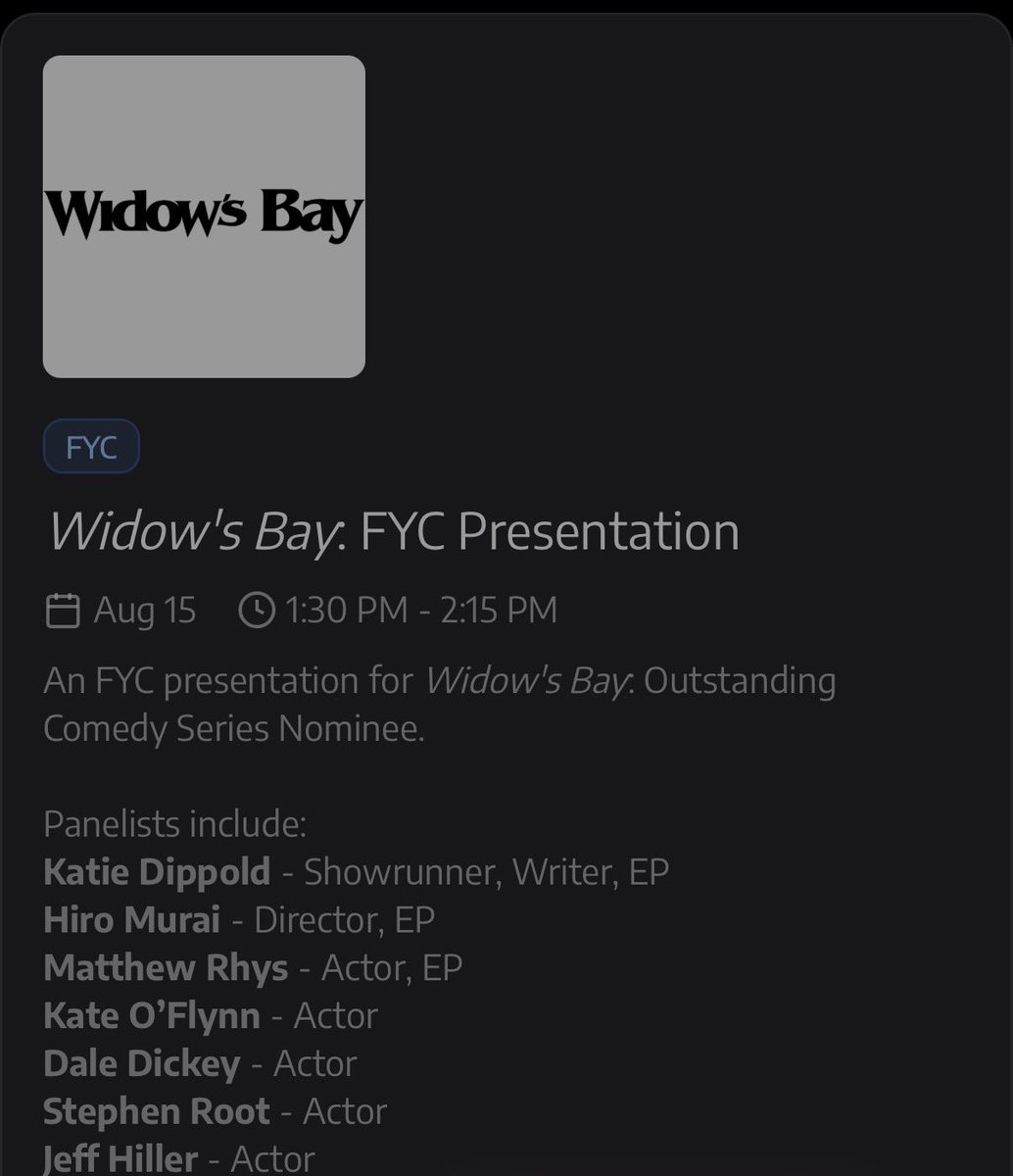 WidowsBayHQ's tweet photo. The Widow’s Bay cast will attend Televerse on August 15th for an FYC presentation. The event is sold out. https://t.co/YG6m5Bu2Jk