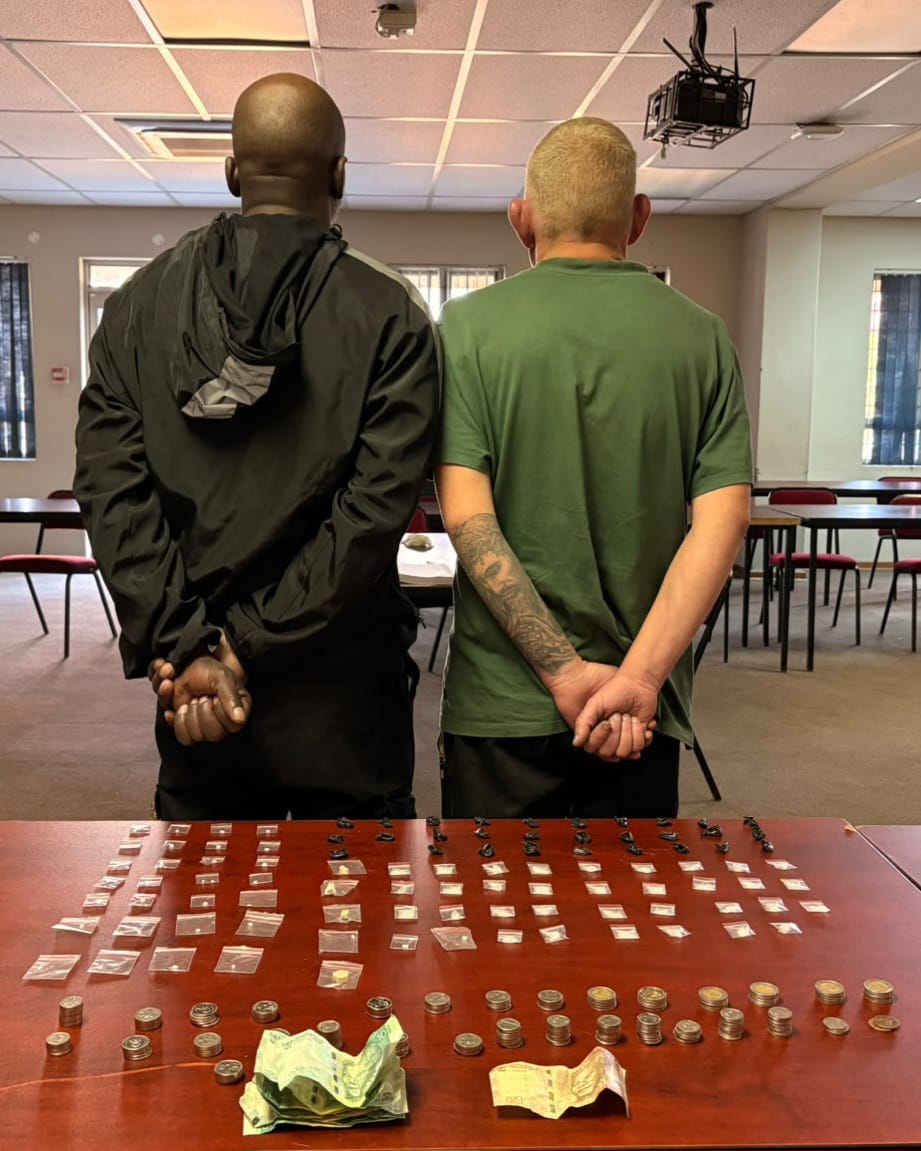 SAPoliceService's tweet photo. #sapsFS [TWO MEN ARRESTED FOR POSSESSION OF DRUGS IN ZAMDELA]

Members of the Welkom Anti-Gang Unit, Section C2, deployed in the Fezile Dabi District, arrested two suspects aged 33 and 49 for possession of drugs in Zamdela.

On 07 August 2026, members of the Welkom Anti-Gang Unit were officially on duty in the Zamdela policing precinct when they received information from a concerned community member that a suspect who was arrested on Thursday, 30 July 2026, was allegedly continuing to sell drugs.

Members immediately proceeded to the identified house in the Angola Section, Zamdela. Upon arrival, they gained entry to the premises and found two men, one White male and one African male, allegedly selling drugs through a fence at the back of the house.

The two suspects are expected to appear before the Sasolburg Magistrate's Court on charges of possession of drugs. #DrugsOffTheStreets ML
https://t.co/8n4tEXuRsd