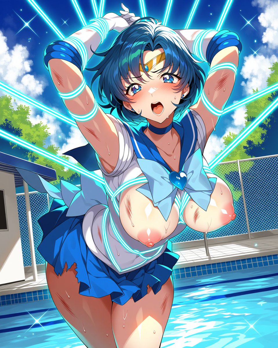 aiko_yatter's tweet photo. セーラーマーキュリー （水野 亜美）/Sailor Mercury （Ami Mizuno）

返り討ちに遭い妖魔に捕らえられ体内に満ちる水の力を放出させられてしまう/
She was captured by a demon and had her water powers taken away

#変身ヒロイン #ヒロピン https://t.co/GSFOf59N8L