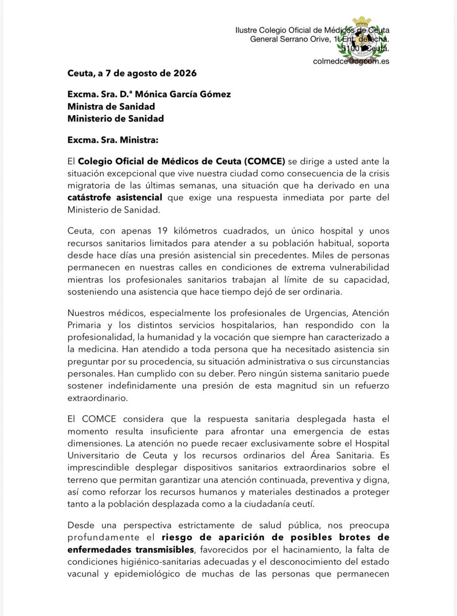 burgosusana's tweet photo. Los médicos de #Ceuta hablan ya de “catástrofe asistencial”. Dad por favor, la máxima difusión a esta carta que el presidente del Colegio de Médicos de la ciudad ha enviado a la ministra Mónica García, que sigue negando la evidencia y por ende, no actúa. https://t.co/AeMeHGqlJv
