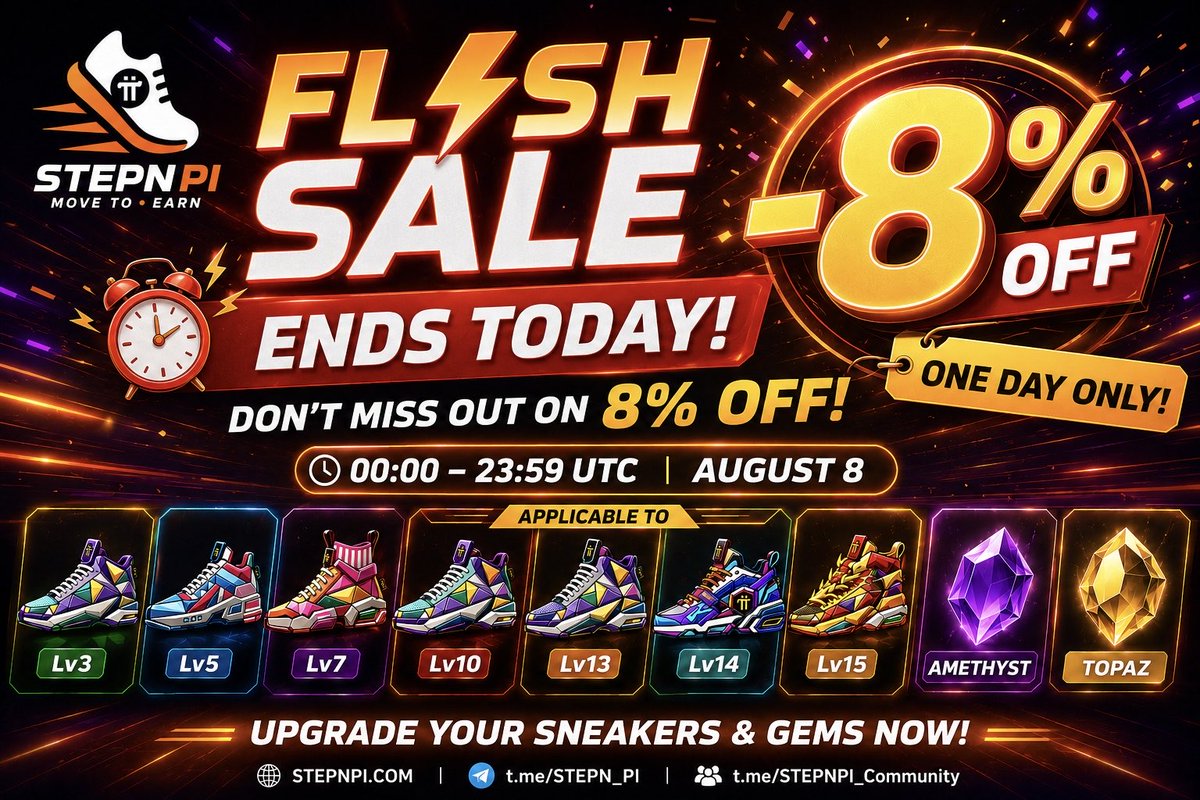 STEPN_PI's tweet photo. ⚡ FLASH SALE ENDS TODAY! ⚡

⏰ LAST CHANCE — 8% OFF!
The STEPNPI 8.8 Flash Sale ends TODAY, August 8!

🔥 Enjoy -8% OFF on selected:
👟 Sneaker NFTs: Lv3, Lv5, Lv7, Lv10, Lv13, Lv14 & Lv15
💎 Gems: Amethyst & Topaz

🕐 Sale Time: 00:00 – 23:59 UTC
🚨 ONE DAY ONLY — DON’T MISS OUT!

Upgrade your Sneakers & Gems before the sale ends! 🚀

🌐 STEPNPI: https://t.co/1GfI7iGj3F
📢 Official Channel: https://t.co/bsc7WzHJch
💬 Community: https://t.co/QlfxgPl8ch