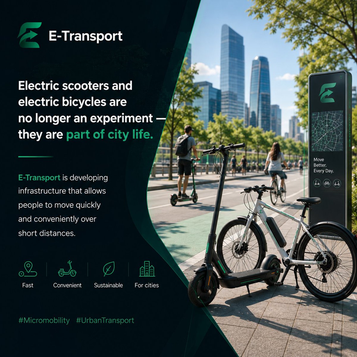 E_Transport__'s tweet photo. Electric scooters and electric bicycles are no longer an experiment — they are part of city life.  

E-Transport is developing infrastructure that allows people to move quickly and conveniently over short distances.  

#Micromobility #UrbanTransport https://t.co/3EDxCI6GGD