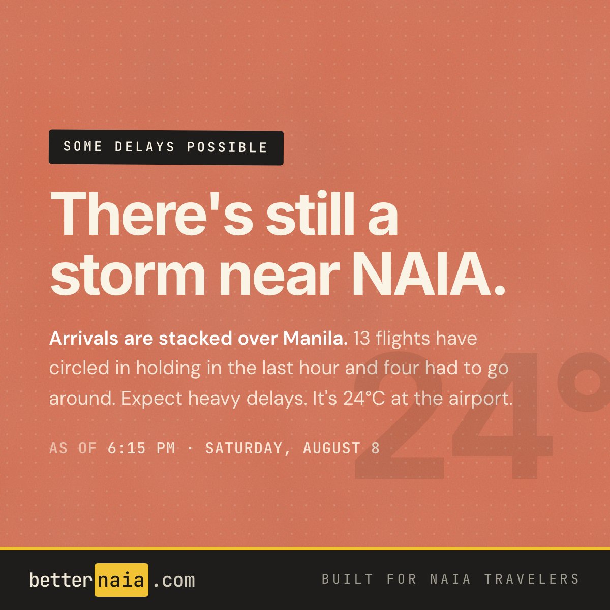 betternaia's tweet photo. Storm cells are sitting southeast and west of NAIA. 13 arrivals have circled in holding in the last hour and four went around on approach. Check your flight before you leave for the airport. https://t.co/fyF0rgXYzr