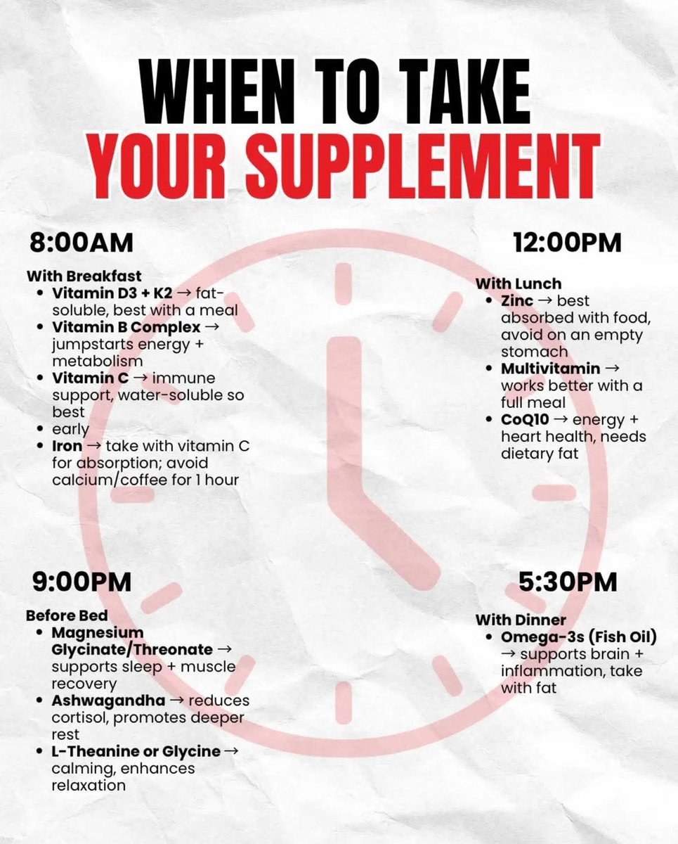 GenesisRemedies's tweet photo. 🚨 Are you taking your supplements at the right time?

Morning ☀️
Lunch 🍽️
Dinner 🌙
Bedtime 😴
Save this guide and share it with someone who needs it!

#Supplements #Wellness #HealthTips #HealthyLiving https://t.co/Id7ZlCAMhN