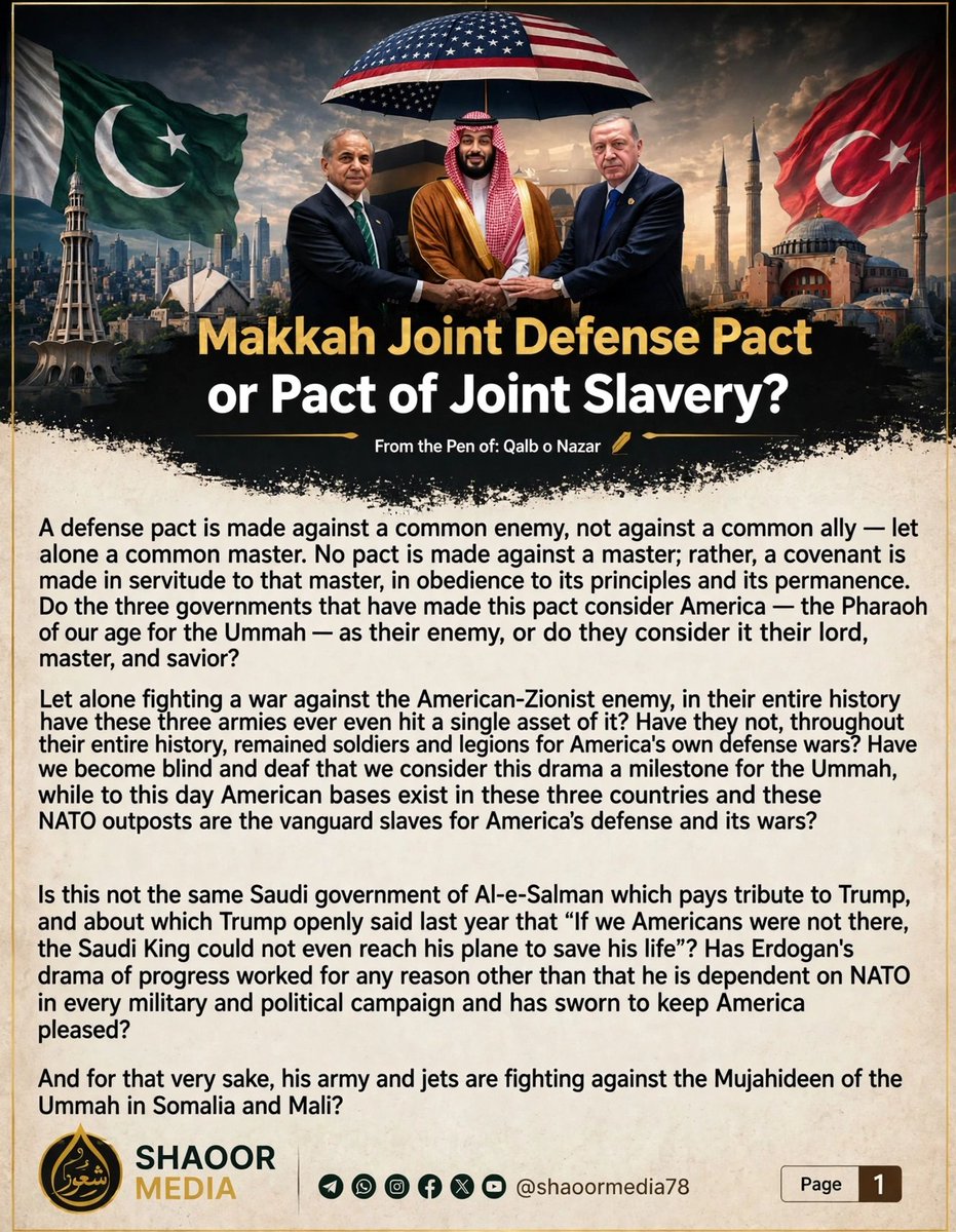 shaoormedia78's tweet photo. Makkah Joint Defense Pact or Pact of Joint Slavery?
From : Qalb o Nazar

Dear friends, I kindly request you to read this article and make sure to share it within your circles and with your friends.

May Allah reward you abundantly with goodness.

Jazakum Allahu 

#shaoor_media https://t.co/27Mf0ezFAJ