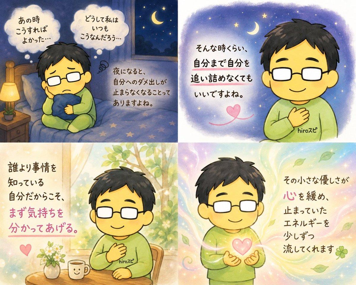 hirospi_hiro's tweet photo. 夜になると。。。

「あの時こうすればよかった」
「どうして私はいつもこうなんだろう」

夜になると、
自分へのダメ出しが止まらなくなることってありますよね。

そんな時くらい、
自分まで自分を追い詰めなくてもいいですよね。

誰より事情を知っている自分だからこそ、
まず気持ちを分かってあげる。

その小さな優しさが心を緩め、
止まっていたエネルギーを少しずつ流してくれます🍀