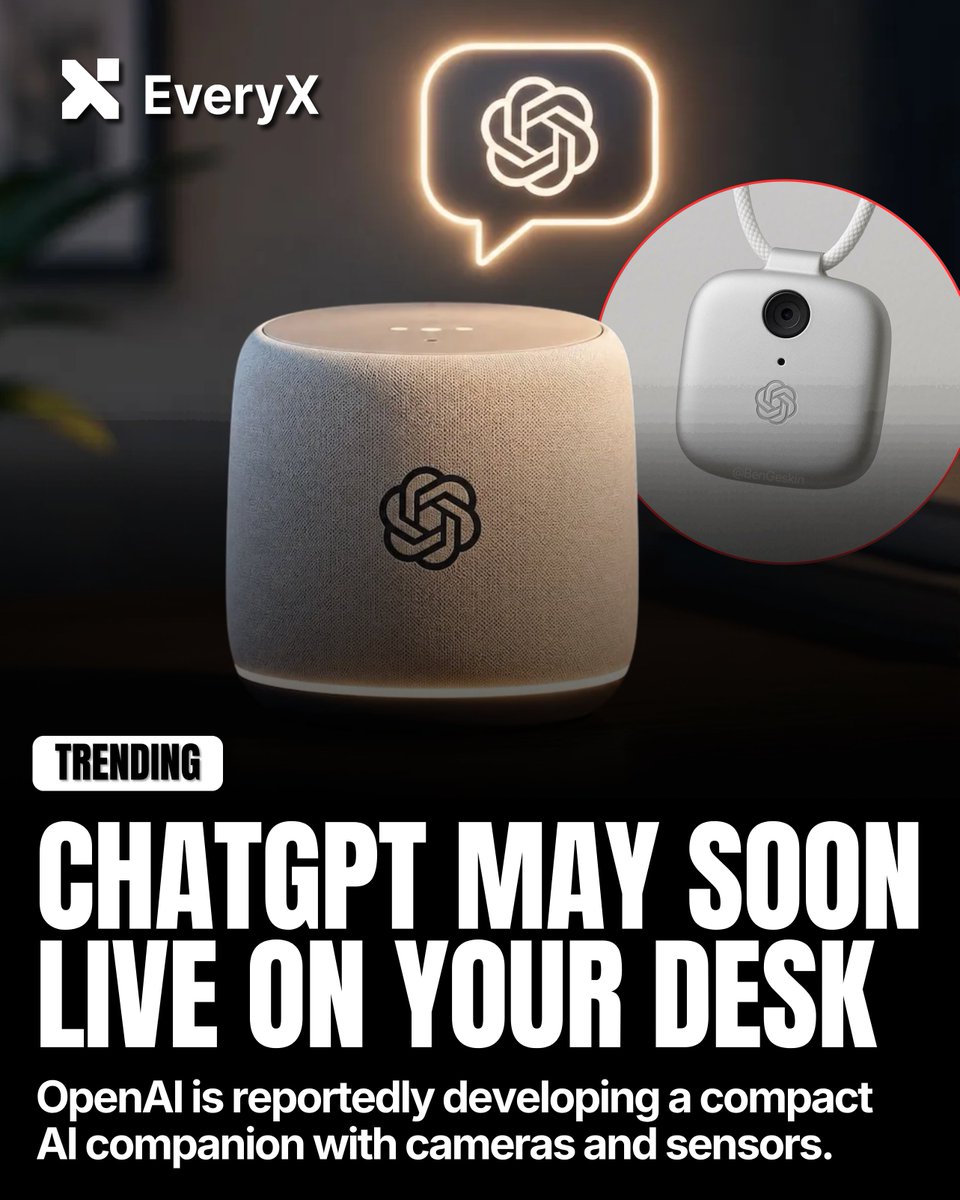 everyx_io's tweet photo. Reportedly co-designed with former Apple design chief Jony Ive’s LoveFrom studio, the screenless, donut shaped AI smart speaker is expected to launch in 2027 with a price tag between $300 and $400.    

About the size of a hockey puck, this portable, battery-powered AI companion will feature a camera system, environmental sensors, and autonomous moving parts designed to make it feel "more alive" while running a highly advanced version of ChatGPT's voice mode.

#OpenAI #ChatGPT #JonyIve #TechNews #ArtificialIntelligence #SmartSpeaker #TechUpdate #EveryX #EveryXNews