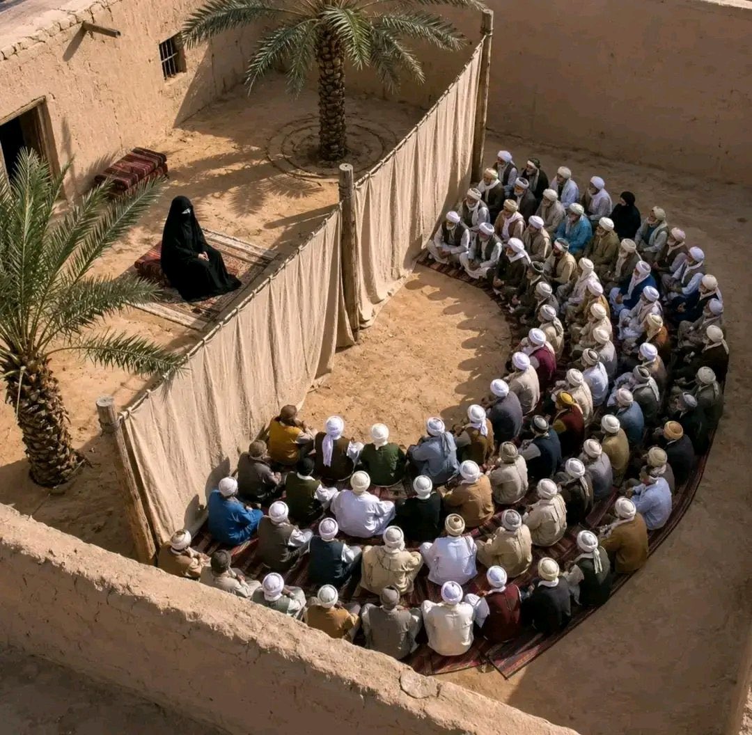 h_s_alsabah's tweet photo. آذتني صورة مصممة بالذكاء الاصطناعي 

توضح اجتماع رجال كثيرين يجلسون في حلقة علم خلف باب أمنا عائشة -رضي الله عنها- 
وهي تشرح لهم درسا علميًا !!

وهذا كذب صريح وتزوير للحقائق
واختلاق المشاهد الخيالية ونسبتها للصحابة باب رحب للهلاك والافتراء عليهم ..

والثابت عن أمنا عن عائشة -رضي الله عنها-
أن الرجل إذا أراد أن يسألها عن شيء يخص النبي ﷺ 
طَرَق الباب وسأل سؤاله فتجيبه من وراء الباب الذي كان داخل المسجد .. ولم يكثر ذلك عنها أيضًا.

فهذه الصورة المنتشرة (كذب) صريح
عن أمنا عائشة -رضي الله عنها- وحشرنا معها.