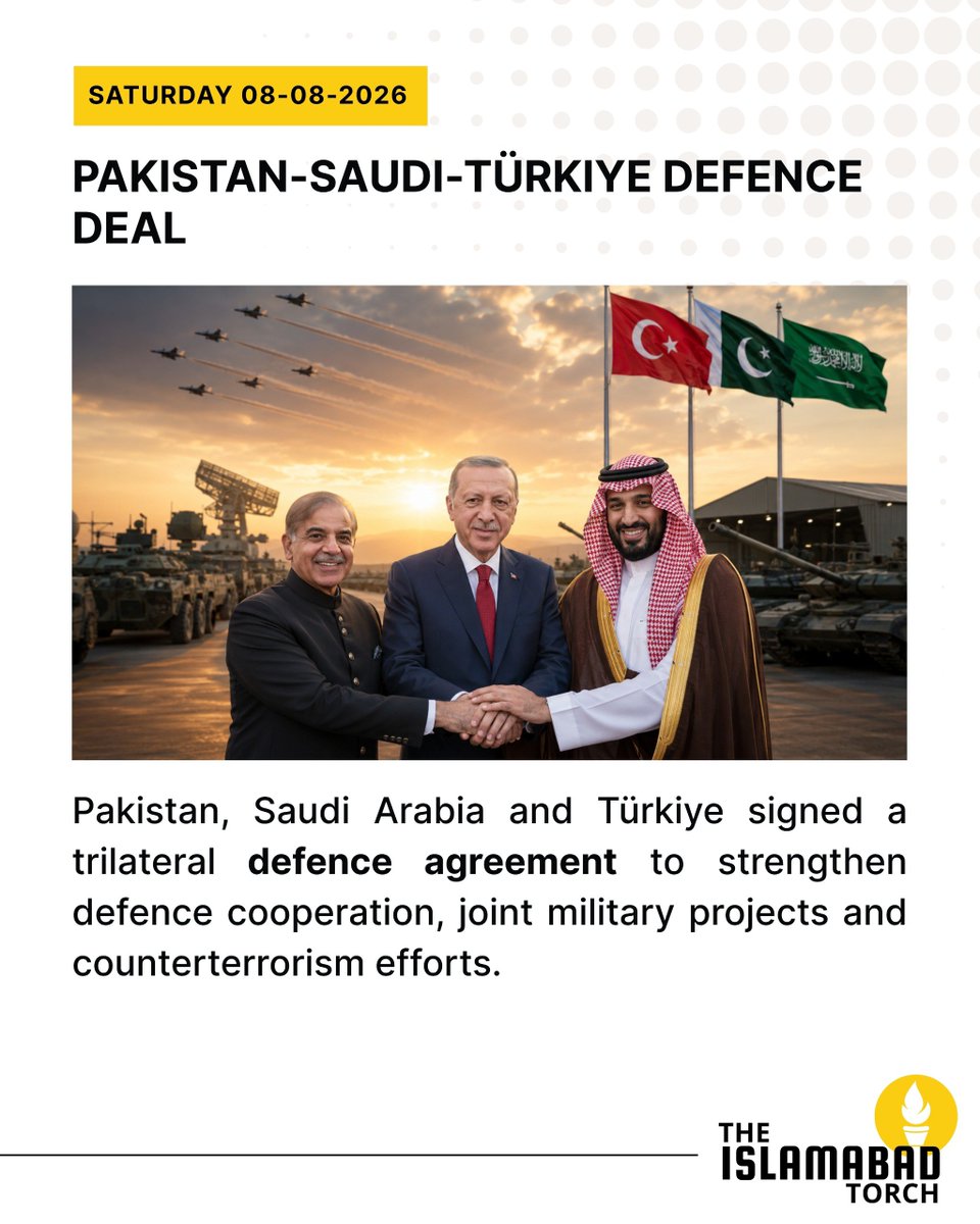 IslamabadTorch's tweet photo. Turkey, Saudi Arabia, and Pakistan signed a trilateral agreement to boost defense cooperation, joint military projects, and counterterrorism efforts. President Erdogan stated the pact targets no nation and aims to foster regional peace and stability.

#turkey #saudia https://t.co/vr7l9oM9Ue