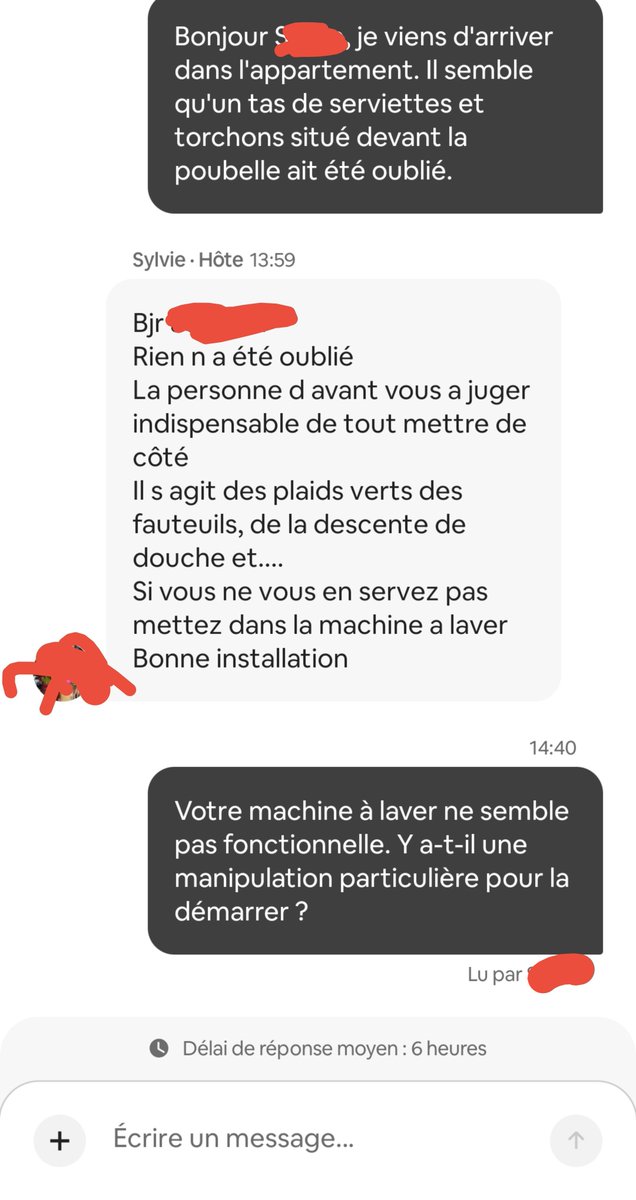 as_49191's tweet photo. Je suis arrivé hier dans un AirBnb pour 10 jours. Première chose que je vois en rentrant, un tas de linge sale au pied de la poubelle. Je me dis que c'est sûrement un oubli donc j'avertis la propriétaire et lui dis aussi que le lave linge ne fonctionne pas.

Voilà sa réponse 🫠⤵️ https://t.co/SX5he80WYH
