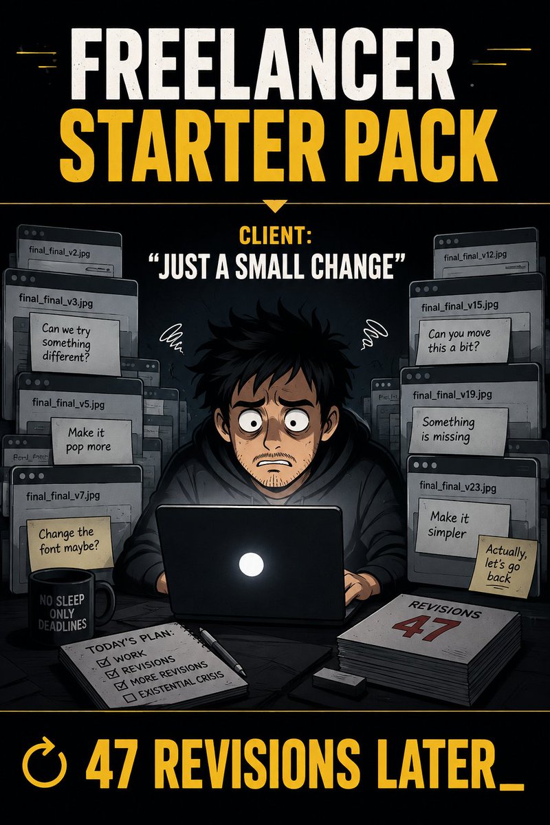 Leo_9643's tweet photo. Freelancer Starter Pack 💻

Client: “It’s just a small change.”

Freelancer: “Sure, no problem.”

Two hours later:
“Can we try something completely different?”

Then comes revision #12… #23… #31… #47. 😂

At this point, you’re not designing anymore — you’re negotiating with your own sanity.

Freelancing teaches you many things: patience, communication, deadlines… and the true meaning of “just one small change.”

47 revisions later, the client finally says:

“Perfect! Just one last thing…”

💀
#FreelancerLife #Freelancing #DesignLife #WorkHumor #X