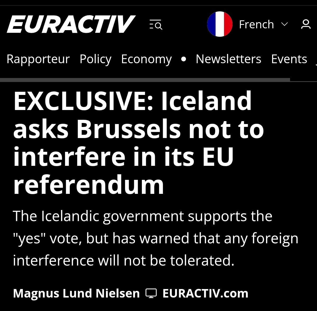 battleforeurope's tweet photo. The Icelandic government denounces massive EU interference in its upcoming referendum on whether to restart the accession process or not. Useful reminder that the main source of electoral interference — and the biggest enemy of democracy — in Europe is Brussels itself. https://t.co/FSBXFdCTgZ
