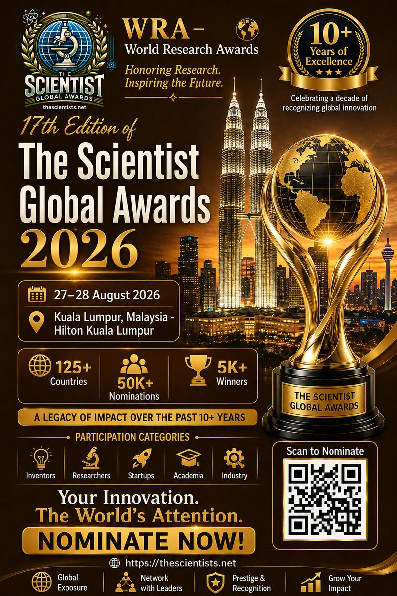 ScientistS59906's tweet photo. 17th Edition of The Scientist Global Awards 2026

The Scientist Global Awards 
Visit Our Website: https://t.co/MknZEQGLUY
 Nominate Now: https://t.co/mtewxsK6kx Contact us: contact@thescientists.net https://t.co/XXtUOP3gzi