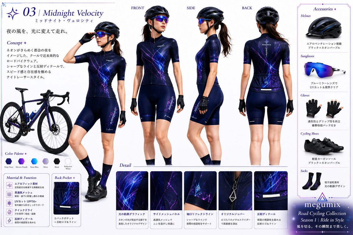 tarotaro_mgm's tweet photo. 🚴✨ megumix Road Cycling Collection ✨🚴
Season 1|Ride in Style
― 風を切る。その瞬間まで美しく。 ―
🌌 03|Midnight Velocity
Neon Lightstream Night Racer
テーマ
深夜の都市を駆け抜ける光の軌跡を
モチーフに、ディープネイビーへブルー
とパープルのネオンラインを融合。
暗闇で鋭く輝く近未来的な美しさと、
本格レーシングウェアの機能美を
表現したナイトレーサースタイル。
コスチュームの特徴
ディープネイビーの半袖ジャージ。
ネオン光跡グラフィック。
ネイビーのサイクルショーツ。
背面3ポケット仕様。
ブラック系装備。
※プロンプトは下にあります
❤️ いいね・RP・保存で応援していただけると
励みになります!
※他の衣装シリーズもプロフィールから
ご覧いただけます
#MegumixCollection #AICostumeCreator
Apply this exact Midnight Velocity cycling outfit to the person in the attached image, preserving her face, hairstyle, body proportions and identity. Dress her in a fitted deep-navy short-sleeve road cycling jersey with a high stand collar and full black front zipper. Reproduce the vivid electric-blue and purple neon light-trail graphics branching diagonally across the chest, waist, sleeves and sides, with subtle reflective accents and dark breathable side mesh panels. The back must faithfully retain the fitted navy construction, branching blue-purple neon graphics, three rear cycling pockets and bright reflective lower strip. Pair with tight high-waisted deep-navy cycling shorts ending exactly at mid-thigh, with purple-blue light-trail graphics along the outer thighs. Add black fingerless gloves, black cycling shoes, dark socks with neon accents, a black aerodynamic helmet and blue-purple mirrored sports sunglasses.
