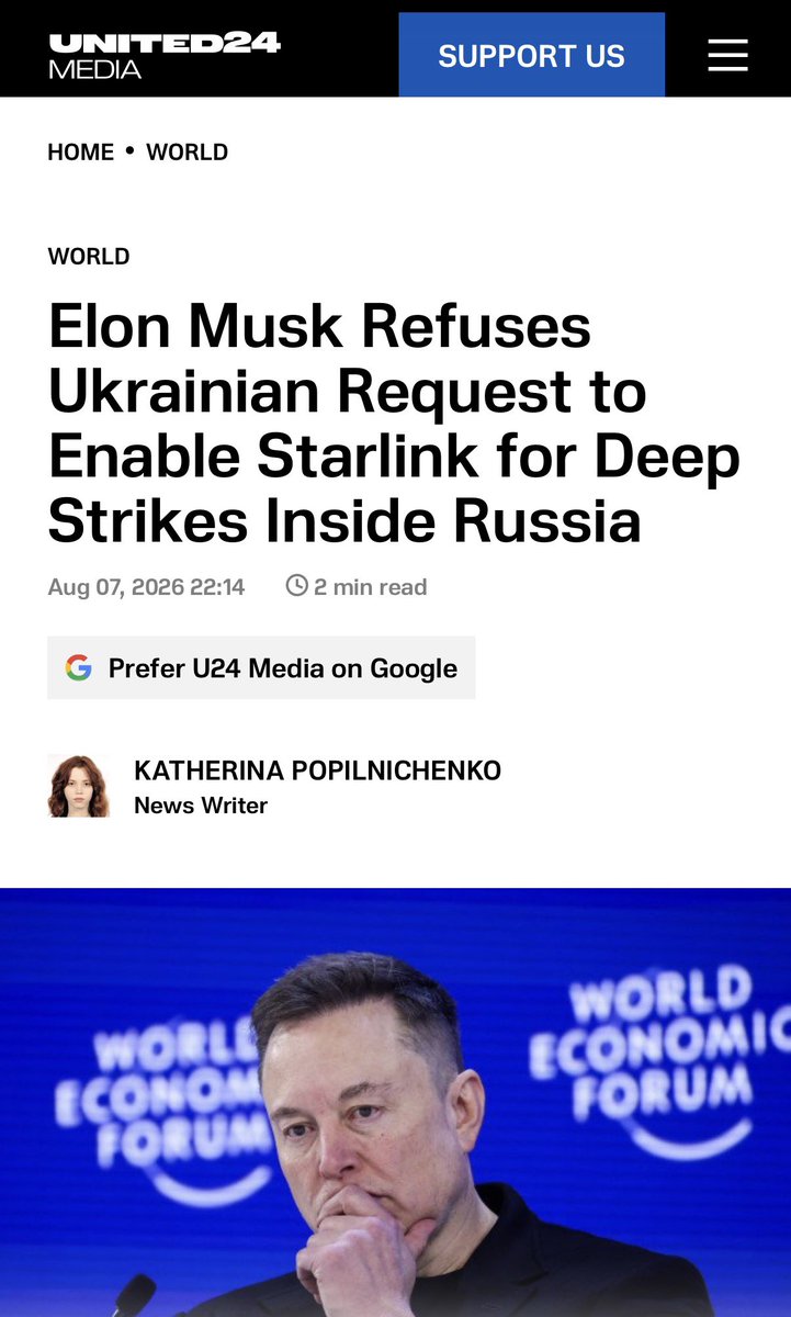Bundeskanz50246's tweet photo. Achtung 🚨

Laut aktuellen Berichten verweigert Elon Musk die Nutzung von Starlink für ukrainische Drohnenangriffe tief in Russland. Zelenskyy hatte Trump gebeten, ein Treffen zu arrangieren – Musk bleibt bei Nein. Er warnt vor Eskalation und fordert ein Friedensabkommen. 

Somit hat Selenskyi jetzt neben den anderen, richtig großen Problemen der letzten Wochen noch ein ganz gewaltiges Problem mehr.

Quellen: The Atlantic, UANews u.a.