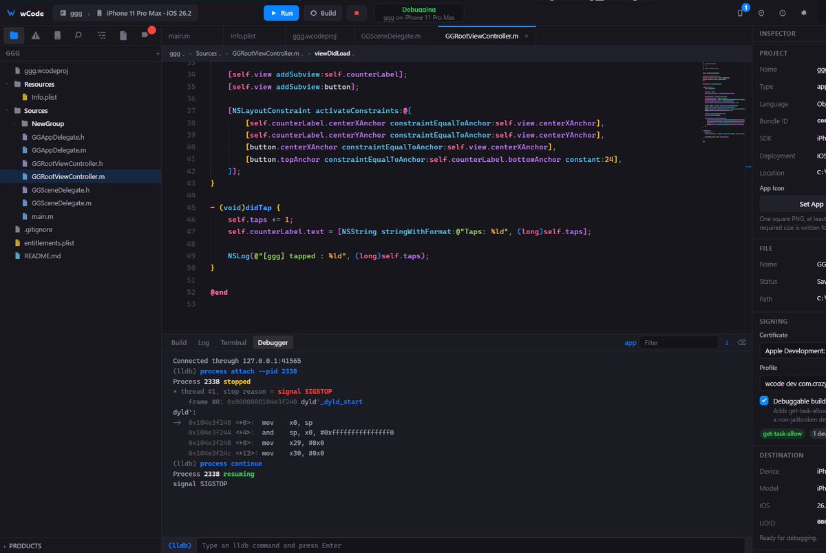 CrazyMind90's tweet photo. wCode — Xcode for Windows

- Codesign — a from-scratch RE of Xcode's codesign. Distribution + development profiles - (get-task-allow)
- Two build systems: Xcode-style (direct clang/swiftc) + Theos
- Install, run &amp; live logs on device
- LLDB debugging
- Opens .xcodeproj https://t.co/gXRcpyBXHT