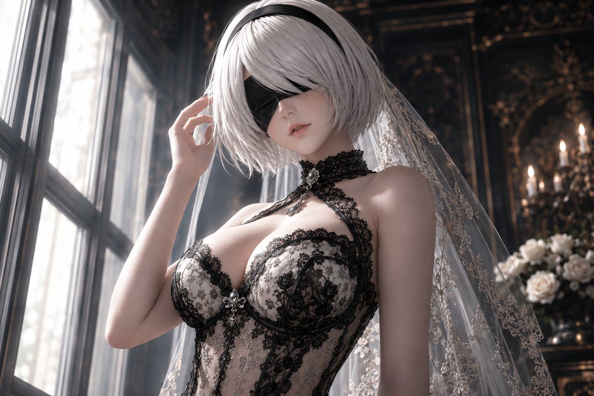 seven573_2's tweet photo. #2B #NieRAutomata #ニーアオートマタ #ブライダルランジェリー #ランジェリー #ランジェリーコーデ #ホワイトランジェリー #コスプレ #AIイラスト #AIart https://t.co/graviXehxD