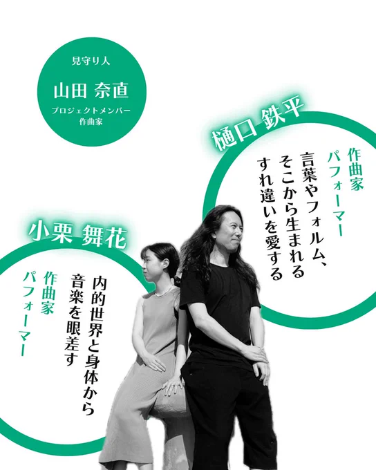 出演者紹介。樋口鉄平は作曲家・パフォーマー。「言葉やフォルム、そこから生まれるすれ違いを愛する」。小栗舞花は作曲家・パフォーマー。「内的世界と身体から音楽を眼差す」。見守り人は、プロジェクトメンバーで作曲家の山田奈直。