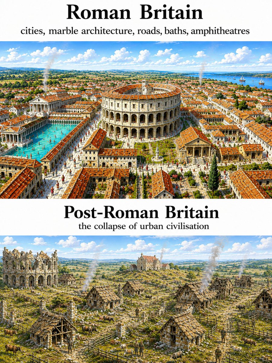 RealHellenist's tweet photo. Roman Britain was built around urban centres and infrastructure the island had never seen before.

Planned cities, paved and engineered roads, stone bridges, monumental public buildings, marble and decorative stonework, civic halls and law courts, forums, amphitheatres, bath complexes, aqueduct-fed and piped water systems, organised sewers and latrine networks, hypocaust underfloor heating, and an integrated network of ports and roads connecting Britain to the wider Roman world.

When Roman authority withdrew in the early 5th century, the administrative and economic structures that sustained these cities collapsed. Without imperial coordination and resources, baths, drainage systems, and urban infrastructure gradually fell into disrepair. Across much of Britain, many towns declined or were abandoned, and the complex urban systems that had supported them disappeared.

The Roman Empire conquered a predominantly rural Iron Age Britain and transformed it into an urbanised province. After Roman rule ended, much of that urban world disappeared, and across large parts of Britain life once again became predominantly rural and localised.