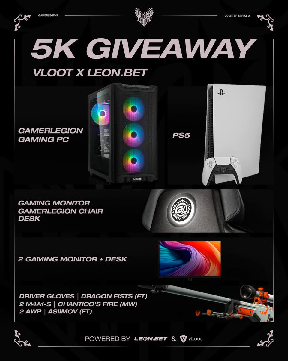 vloot_io's tweet photo. $5000 Gaming &amp; CS2 Giveaway 🎁

vLoot has partnered with @GamerLegion and @LeonBet_Esports to hand out $5000 in prizes to 10 winners 🎉

Enter via the link below 👇

https://t.co/nlj41y5iK3

Good luck and make sure to tag a friend and retweet to share the giveaway with others 🫶 https://t.co/A45oj8IyfB