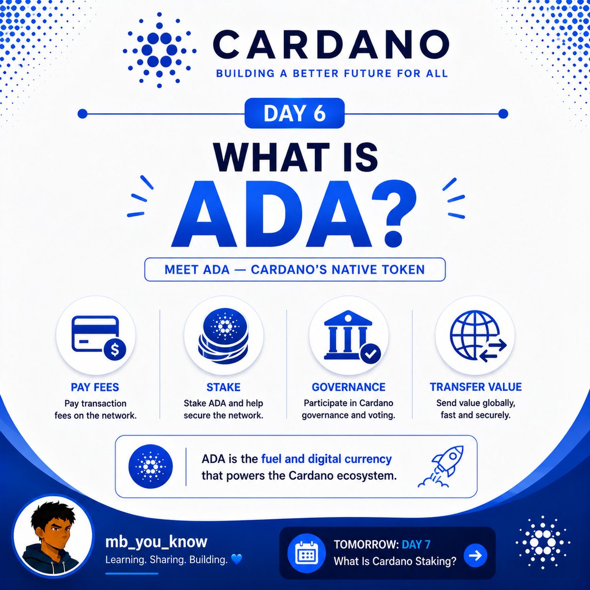Mb_you_know's tweet photo. Day 6: What Is $ADA?

🚀 Meet ADA — @Cardano 's Native Token

Now that we understand the basics of Cardano, let's talk about the asset that powers its ecosystem: ADA.

$ADA is the native cryptocurrency of Cardano. It isn't just something people buy and sell.

You can use ADA to:

🔹 Pay transaction fees
🔹 Stake and help secure the network
🔹 Participate in Cardano governance
🔹 Transfer value around the world

💡 Think of ADA as the fuel and digital currency of the Cardano ecosystem.

And unlike traditional money, ADA can be transferred globally without needing a bank to approve every transaction.

Tomorrow, we'll go deeper into one of the most important things you can do with ADA:

👉 What is Cardano Staking?

Do you hold any ADA? 👇

#Cardano #ADA