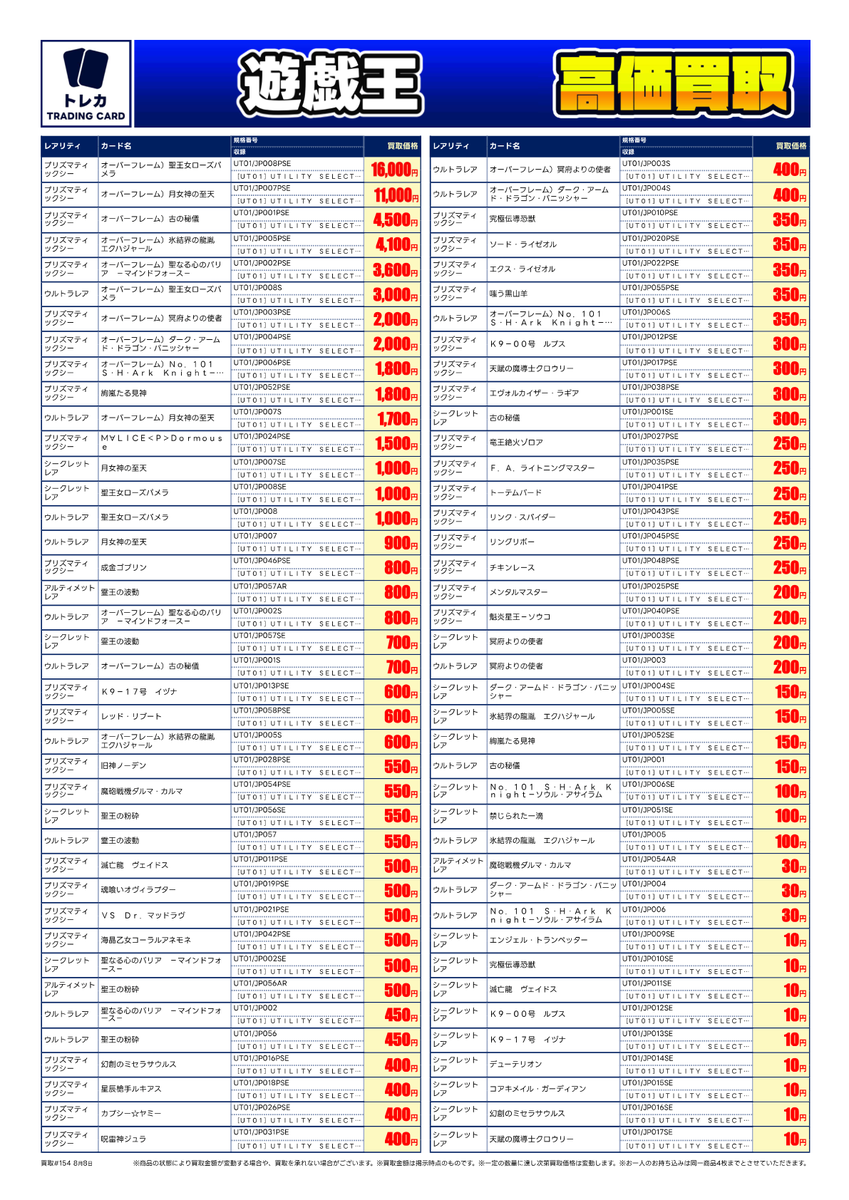 TSUTAYA_Card_tk's tweet photo. 【#最新弾買取情報】
8/8(土)19:30時点の買取金額になります。
#ヴァンガード
『#幻真覚醒』
#遊戯王OCG
『#UTILITY_SELECTION』
※在庫状況や商品状態で買取価格が変動、 または終了する事がございます。
皆様のお持ち込み、お待ちしております。
#TTC戸塚 #戸塚モディ #TSUTAYA戸塚 https://t.co/a1zsrAHjqj
