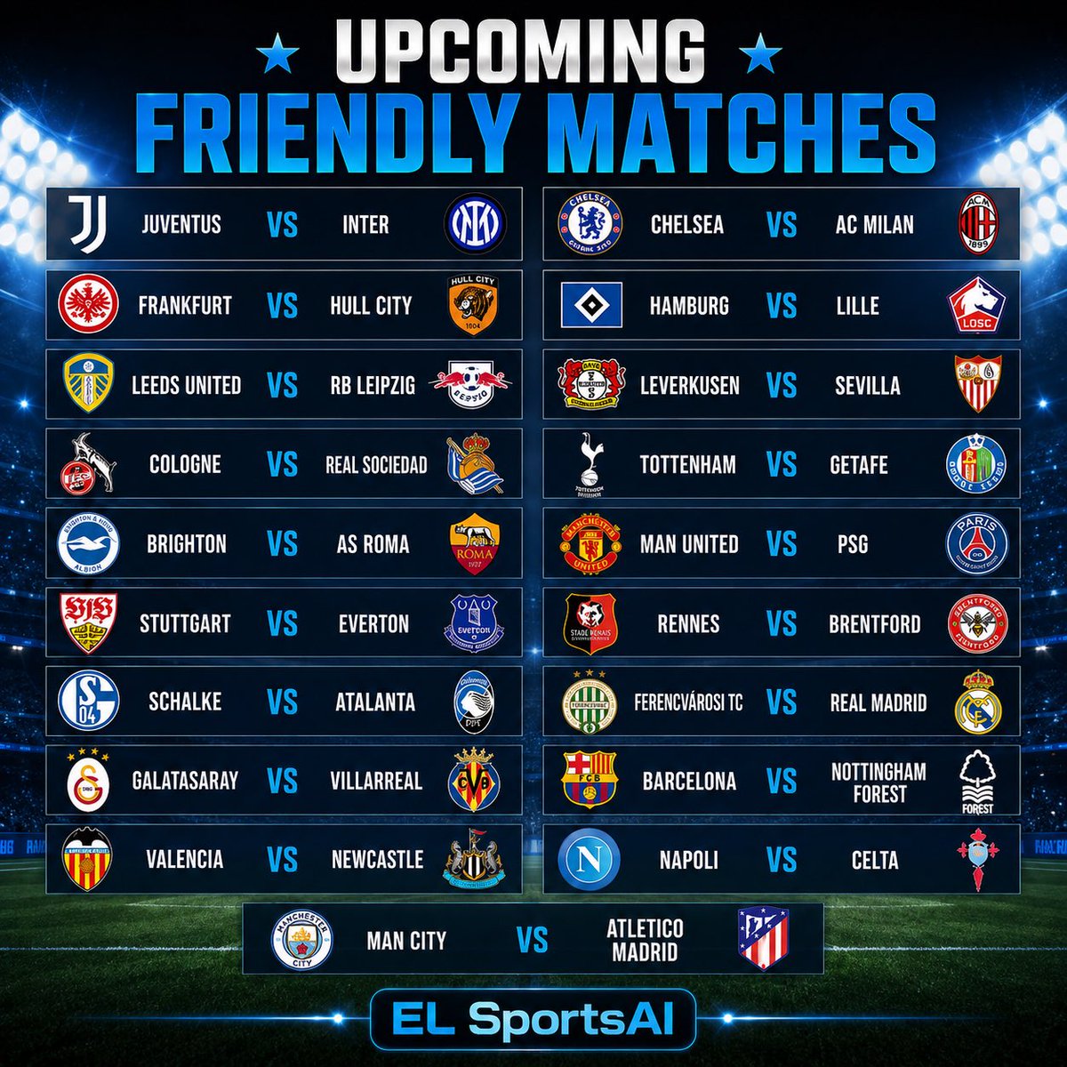 ELSportsAI's tweet photo. 🔥 Friendly matches, big clashes, and football is back! ⚽🌍 Who’s your pick? 👀

#FriendlyMatches #Football #UpcomingMatches #FootballFans #ELSportsAI https://t.co/LKSWZUcI0Q