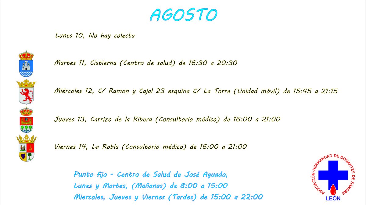 donantesdeleon's tweet photo. #DonaSangre esta semana en @AytoCistierna, C/Ramón y Cajal en #LeonEsp, Carrizo de la Ribera y en @AytoLaRobla https://t.co/pZvl0PHNam