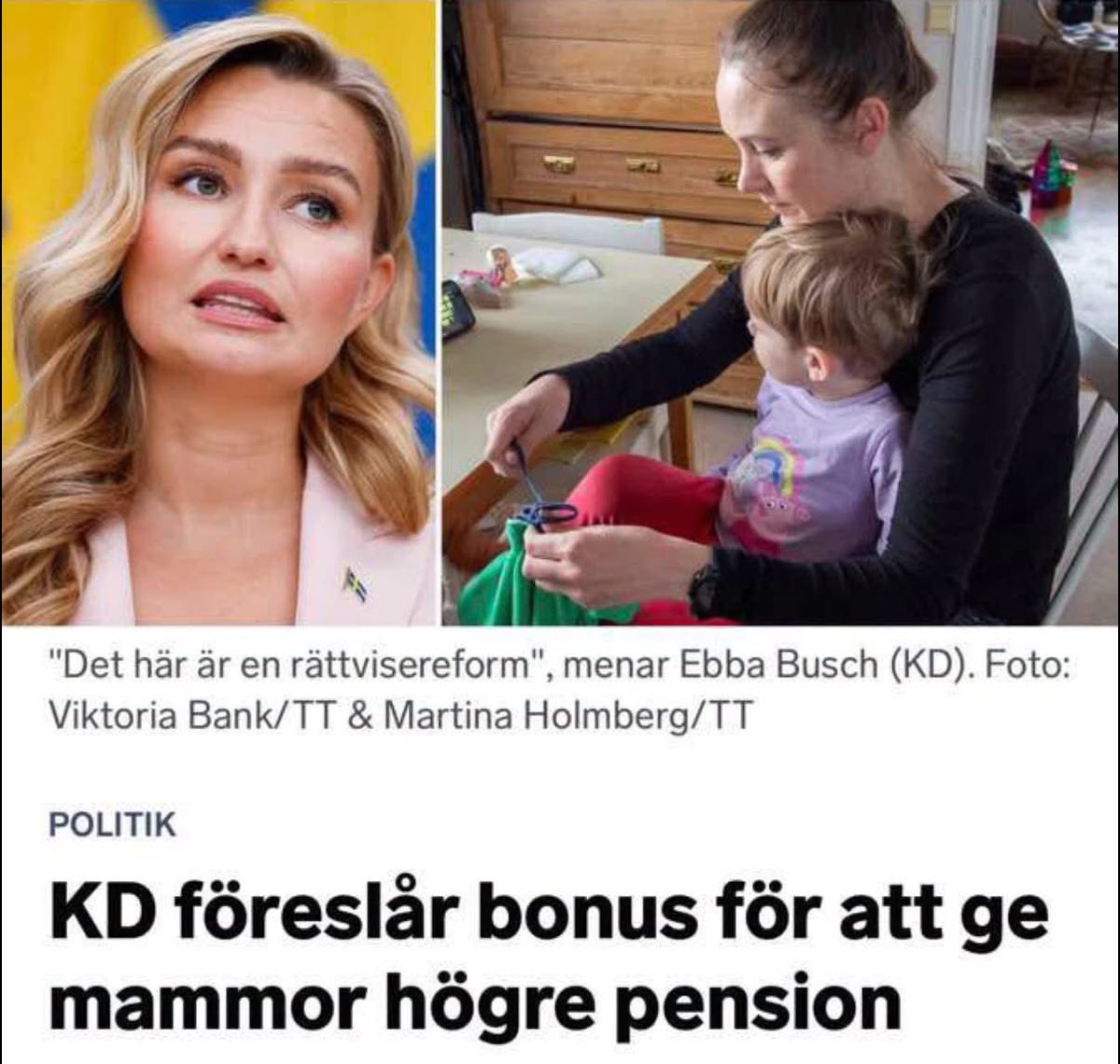 RichardHerrey's tweet photo. Riktigt bra förslag

Har i många år påpekat orättvisan många kvinnor drabbas av i pensionssystemet.

Kvinnor inte ska behöva välja mellan familj och arbetsliv – eller straffas ekonomiskt för att de blir mammor.

Kristdemokraterna vill nu införa en mammabonus i pensionssystemet som går rakt in PPM-konto när ett barn föds. För en typisk tvåbarnsmor skulle det innebära omkring ca 700 kronor mer i pension varje månad.

Detta är logisk realpolitik som gör skillnad och rättar till orättvisor i systemet. https://t.co/QiPj1DU1Lc