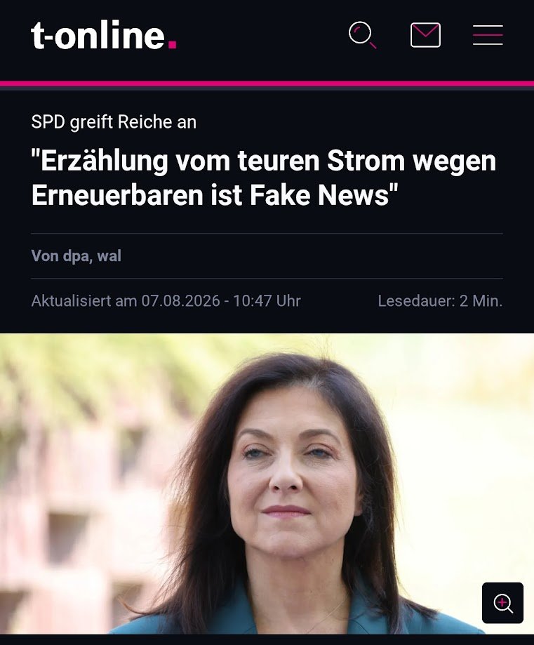 djpr's tweet photo. Reiche erklärt die Erneuerbaren zum Kostentreiber. Dumm nur: Laut Fraunhofer wäre der Börsenstrompreis im April ohne ihren starken Beitrag 76 Prozent höher gewesen. Aber wenn das Feindbild einmal steht, haben es Zahlen bekanntlich schwer. https://t.co/pZKX1ga4f3