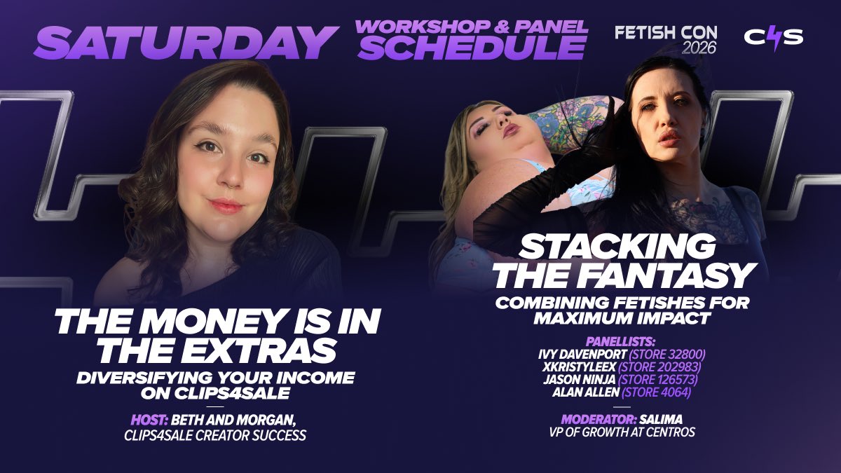 clips4sale's tweet photo. Let’s talk strategy and growth 💰✨ Back in the Bayboro Room today: The Money Is in the Extras at 2PM, Stacking the Fantasy right after. Creators teaching creators, that’s what this weekend is about. @FetishCon #C4SFetishCon26 @C4S_Morgan @bbwivydavenport @xkristyleex @jasoninja https://t.co/EPL5TTM2ct