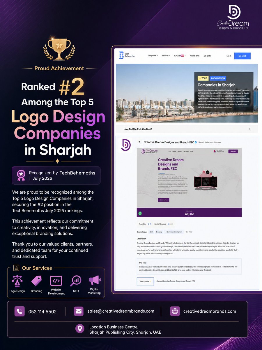 CreativeDream24's tweet photo. 🏆 Proud Achievement!Creative Dream Designs and Brands FZC is ranked #2 among the Top 5 Logo Design Companies in Sharjah by TechBehemoths – July 2026!  💜#LogoDesign #Sharjah #Branding #TechBehemoths https://t.co/mSpaLYNOXU