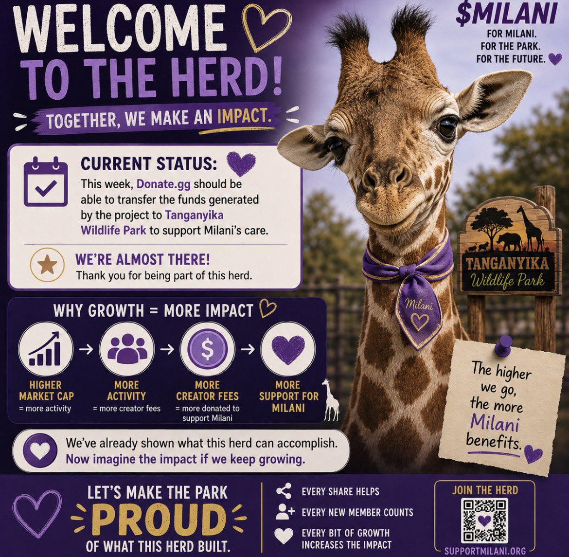SupportMilani's tweet photo. 🦒💜 WELCOME TO THE HERD!

For everyone new to $MILANI, here’s where we stand:

This week, @Donatedotgg should be able to transfer the funds generated by the project to the Park to support Milani’s care. 🙌

And here’s why growing this community matters:

📈 Higher market cap = more activity
💜 More activity = more creator fees
🦒 More creator fees = more donated to support Milani

We’ve already shown what this herd can accomplish. Now imagine the impact if we keep growing.

Let’s see how high we can take this — not just for a chart, but so when the park receives these funds, they see a community that showed up BIG for Milani.

Every share. Every new member. Every bit of growth can help increase the impact.

Let’s make the park proud of what this herd built. 🦒💜

$MILANI