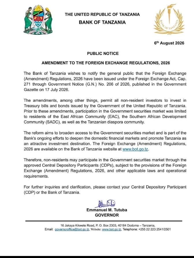 martinwarioba's tweet photo. An important step for #Tanzania’s capital markets. Opening Government Treasury Bills and Bonds to non-resident investors broadens investor base and creates another channel for global capital into the country. As we pursue #Vision2050, deeper and more connected capital markets will be essential to financing Tanzania’s ambitious growth.