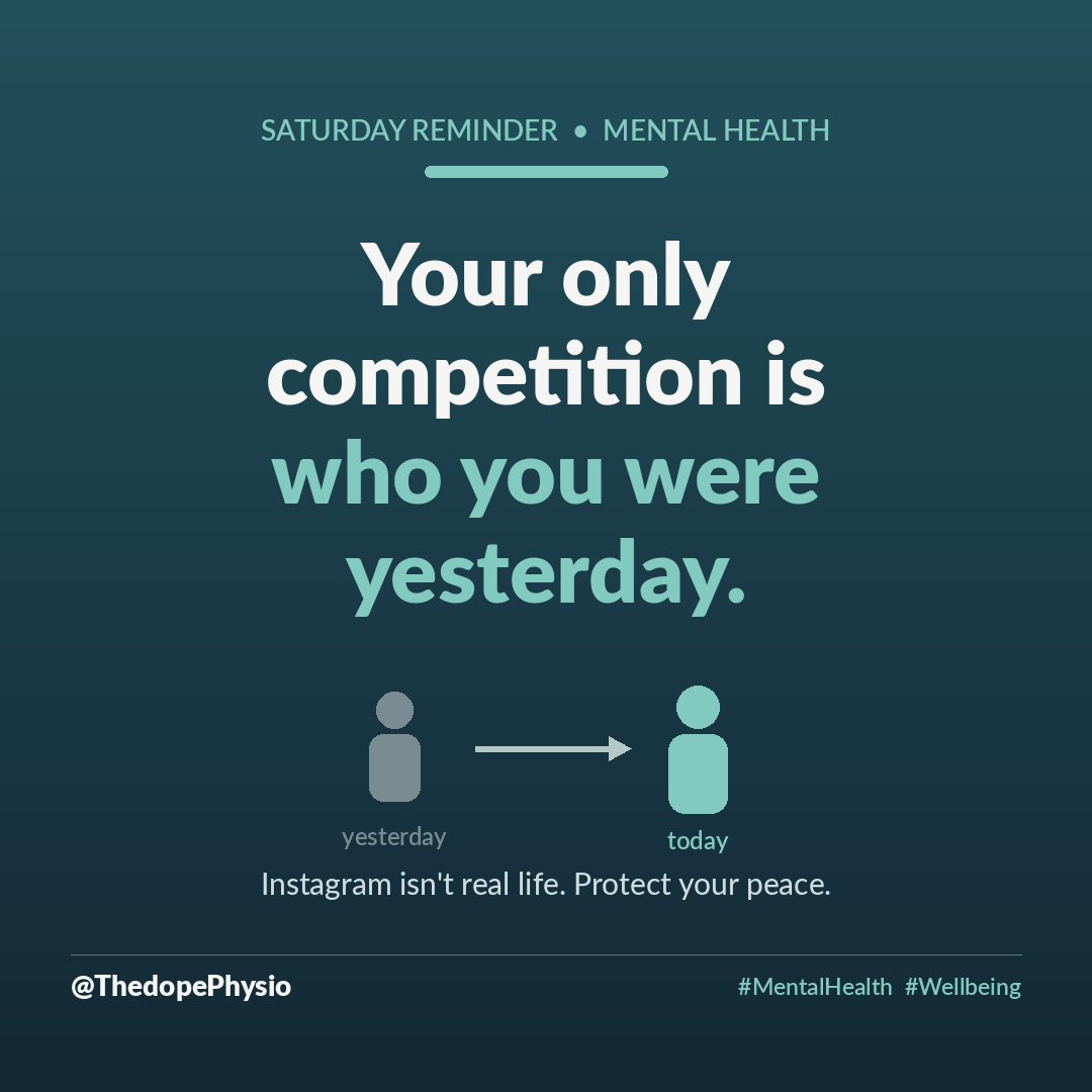 ThedopePhysio's tweet photo. You opened the app to relax, and somehow left it feeling behind. Sound familiar?

You compared your body, your recovery, your progress to a stranger's highlight reel, and quietly decided you weren't enough. But you were comparing your behind-the-scenes to someone else's edited best moment. That's a rigged game you can never win.

Healing isn't a race. Your body isn't "behind schedule" because someone online looks ahead, they have a different body, a different story, different lighting, and a whole life you can't see.

Your only real competition is who you were yesterday. Did you move a little more? Rest when you needed to? Simply show up? That's the only scoreboard that counts.

So protect your peace. Mute the account that steals it. And measure your progress against your own path, not somebody's filter. 💚

#MentalHealth #Wellbeing