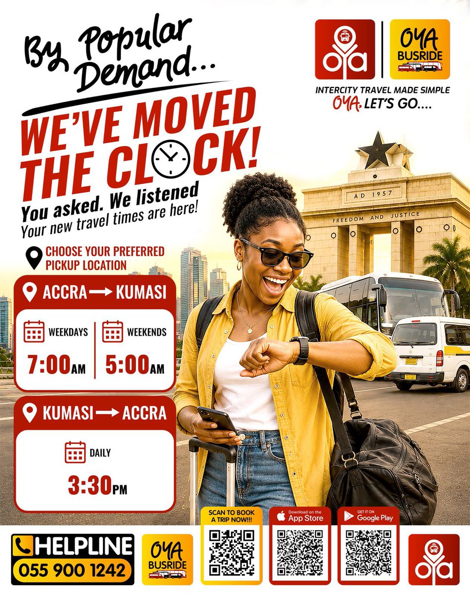 OyaBusRide's tweet photo. Accra → Kumasi
Weekdays: 7:00 AM
Weekends: 5:00 AM
Kumasi → Accra
Daily: 3:30 PM
Choose your preferred pickup location. Download the OYA App and enjoy the convenience of smarter travel. #travelsafe #oyabusride #nogidifidi #travelsmart #kumasi #Ghana #promotions https://t.co/6L81hUvbq1