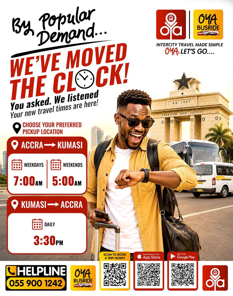 OyaBusRide's tweet photo. Accra → Kumasi
Weekdays: 7:00 AM
Weekends: 5:00 AM
Kumasi → Accra
Daily: 3:30 PM
Choose your preferred pickup location. Download the OYA App and enjoy the convenience of smarter travel. #travelsafe #oyabusride #nogidifidi #travelsmart #kumasi #Ghana #promotions https://t.co/6L81hUvbq1