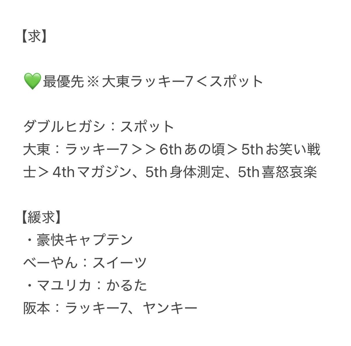 Imhxm8's tweet photo. よしもとコレカ 7th edition 第7弾 交換 

【求】画像1枚目参照
        ダブルヒガシ大東 ラッキー7最優先

【譲】画像2〜14枚目参照

異種交換・過去弾交換可

郵送or大阪劇場手渡し

DMリプお気軽にお声掛けください！

#よしもとコレカ https://t.co/5XIs48uIdL
