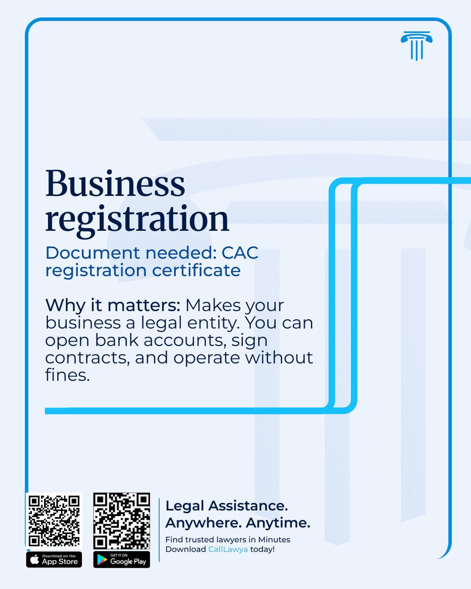 CallLawya_app's tweet photo. You planned the business.

The name.
The logo.
The product.
The customers.

But what about the legal foundation? …

(Continuation on the next post.)
📌 Save it.
📤 Share it with a founder.

#CallLawya #MSME #Nigeria https://t.co/IlK6K6HUjP