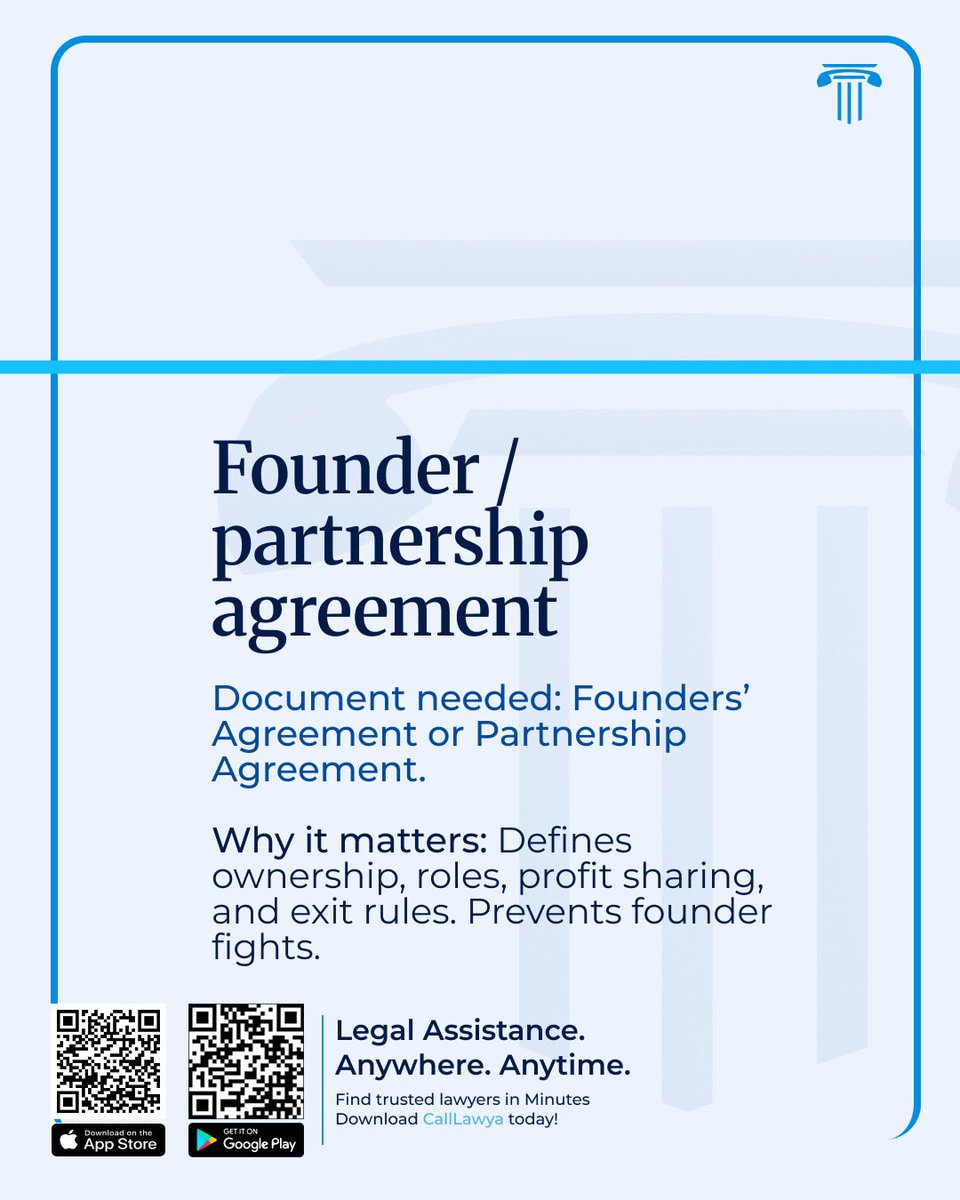 CallLawya_app's tweet photo. You planned the business.

The name.
The logo.
The product.
The customers.

But what about the legal foundation? …

(Continuation on the next post.)
📌 Save it.
📤 Share it with a founder.

#CallLawya #MSME #Nigeria https://t.co/IlK6K6HUjP